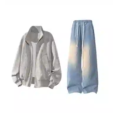 【雾面扎染设计夹克外套牛仔裤一套】布客行 防风保暖美式立领长袖宽松高街痞帅抽绳松紧水洗做旧显瘦阔腿通勤长裤休闲运动套装 男女同款