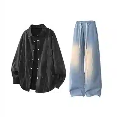 【扎染翻领脏脏开衫裤子一套】布客行 纯色晕染点缀大码百搭长袖外套抽绳松紧腰口水洗做旧阔腿牛仔通勤长裤衬衫套装 男女同款