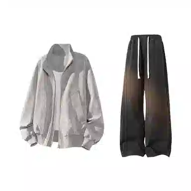 【雾面扎染设计夹克外套牛仔裤一套】布客行 防风保暖美式立领长袖宽松高街痞帅抽绳松紧水洗做旧显瘦阔腿通勤长裤休闲运动套装 男女同款