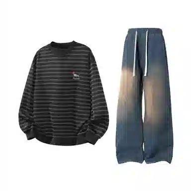 【腊肠小狗刺绣打底衫牛仔裤一套】布客行 美式潮牌圆领长袖条纹百搭港风卫衣抽绳水洗复古做旧阔腿通勤长裤休闲运动套装 男女同款