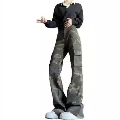 欧迪芬 美式复古迷彩工装裤情侣款秋季高腰显瘦直筒微喇裤窄版长裤休闲裤 男女同款