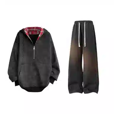 【重磅扎染脏脏衣裤子一套】布客行 美式潮牌连帽拼色拉链半开领大码长袖外套抽阔腿渐变色百搭牛仔长裤卫衣套装 男女同款