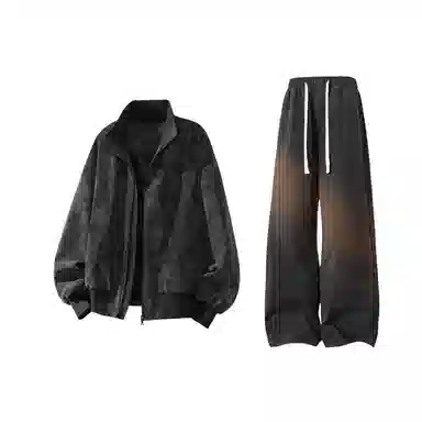 【雾面扎染设计夹克外套牛仔裤一套】布客行 防风保暖美式立领长袖宽松高街痞帅抽绳松紧水洗做旧显瘦阔腿通勤长裤休闲运动套装 男女同款