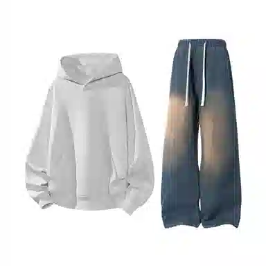 【港风大码重磅华棉外套牛仔裤一套】布客行 纯色宽松连帽长袖简约百搭亲肤舒适外穿抽绳水洗做旧复古感阔腿休闲长裤卫衣套装 男女同款