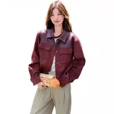 邓大喵 安可拉红皮衣外套女春秋短款仿鹿皮港风拼接上衣夹克 女款