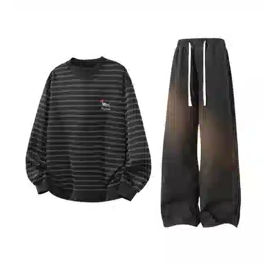 【腊肠小狗刺绣打底衫牛仔裤一套】布客行 美式潮牌圆领长袖条纹百搭港风卫衣抽绳水洗复古做旧阔腿通勤长裤休闲运动套装 男女同款