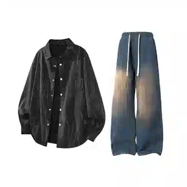 【扎染翻领脏脏开衫裤子一套】布客行 纯色晕染点缀大码百搭长袖外套抽绳松紧腰口水洗做旧阔腿牛仔通勤长裤衬衫套装 男女同款