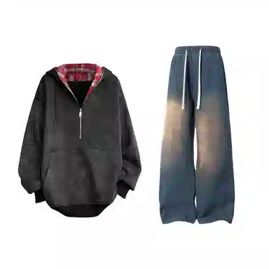 【重磅扎染脏脏衣裤子一套】布客行 美式潮牌连帽拼色拉链半开领大码长袖外套抽阔腿渐变色百搭牛仔长裤卫衣套装 男女同款