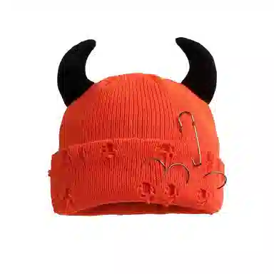 尚先生 秋冬恶魔角帽保暖针织帽万圣节别针破洞瓜皮帽#好运 毛线 牛角包头帽 男女同款情侣款