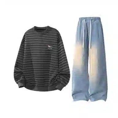 【腊肠小狗刺绣打底衫牛仔裤一套】布客行 美式潮牌圆领长袖条纹百搭港风卫衣抽绳水洗复古做旧阔腿通勤长裤休闲运动套装 男女同款