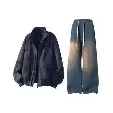 【雾面扎染设计夹克外套牛仔裤一套】布客行 防风保暖美式立领长袖宽松高街痞帅抽绳松紧水洗做旧显瘦阔腿通勤长裤休闲运动套装 男女同款