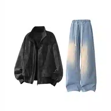 【雾面扎染设计夹克外套牛仔裤一套】布客行 防风保暖美式立领长袖宽松高街痞帅抽绳松紧水洗做旧显瘦阔腿通勤长裤休闲运动套装 男女同款