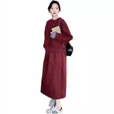 丝絮丝绸 秋季减龄慵懒感袖口拼接圆领上衣休闲半身裙两件套裙装套装 女款