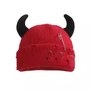 尚先生 秋冬恶魔角帽保暖针织帽万圣节别针破洞瓜皮帽#好运 毛线 牛角包头帽 男女同款情侣款