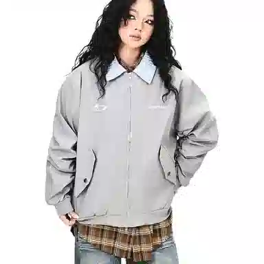 邓大喵 美式复古拼接条纹翻领假两件学院风宽松上衣休闲外套夹克 男女同款