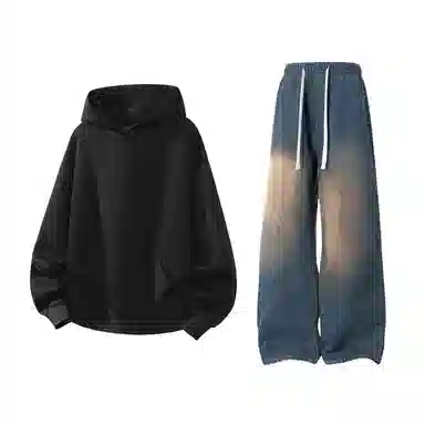 【港风大码重磅华棉外套牛仔裤一套】布客行 纯色宽松连帽长袖简约百搭亲肤舒适外穿抽绳水洗做旧复古感阔腿休闲长裤卫衣套装 男女同款