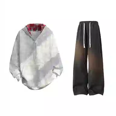 【重磅扎染脏脏衣裤子一套】布客行 美式潮牌连帽拼色拉链半开领大码长袖外套抽阔腿渐变色百搭牛仔长裤卫衣套装 男女同款