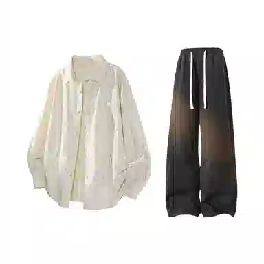 【扎染翻领脏脏开衫裤子一套】布客行 纯色晕染点缀大码百搭长袖外套抽绳松紧腰口水洗做旧阔腿牛仔通勤长裤衬衫套装 男女同款