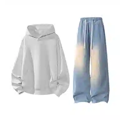 【港风大码重磅华棉外套牛仔裤一套】布客行 纯色宽松连帽长袖简约百搭亲肤舒适外穿抽绳水洗做旧复古感阔腿休闲长裤卫衣套装 男女同款