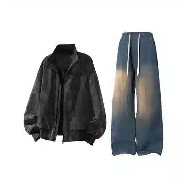 【雾面扎染设计夹克外套牛仔裤一套】布客行 防风保暖美式立领长袖宽松高街痞帅抽绳松紧水洗做旧显瘦阔腿通勤长裤休闲运动套装 男女同款