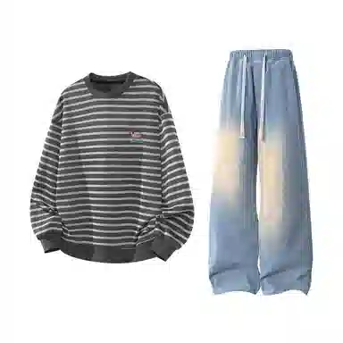 【腊肠小狗刺绣打底衫牛仔裤一套】布客行 美式潮牌圆领长袖条纹百搭港风卫衣抽绳水洗复古做旧阔腿通勤长裤休闲运动套装 男女同款