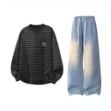 【腊肠小狗刺绣打底衫牛仔裤一套】布客行 美式潮牌圆领长袖条纹百搭港风卫衣抽绳水洗复古做旧阔腿通勤长裤休闲运动套装 男女同款