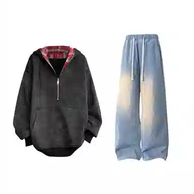 【重磅扎染脏脏衣裤子一套】布客行 美式潮牌连帽拼色拉链半开领大码长袖外套抽阔腿渐变色百搭牛仔长裤卫衣套装 男女同款