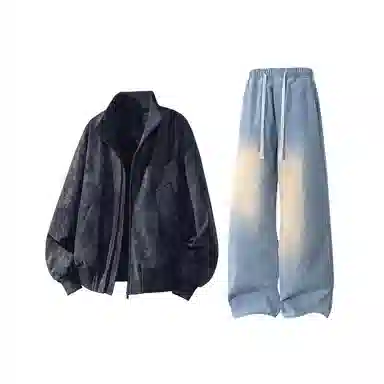 【雾面扎染设计夹克外套牛仔裤一套】布客行 防风保暖美式立领长袖宽松高街痞帅抽绳松紧水洗做旧显瘦阔腿通勤长裤休闲运动套装 男女同款