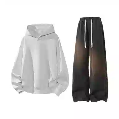 【港风大码重磅华棉外套牛仔裤一套】布客行 纯色宽松连帽长袖简约百搭亲肤舒适外穿抽绳水洗做旧复古感阔腿休闲长裤卫衣套装 男女同款