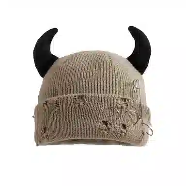 尚先生 秋冬恶魔角帽保暖针织帽万圣节别针破洞瓜皮帽#好运 毛线 牛角包头帽 男女同款情侣款