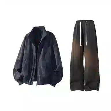 【雾面扎染设计夹克外套牛仔裤一套】布客行 防风保暖美式立领长袖宽松高街痞帅抽绳松紧水洗做旧显瘦阔腿通勤长裤休闲运动套装 男女同款