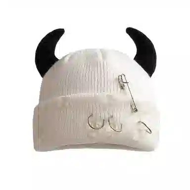 尚先生 秋冬恶魔角帽保暖针织帽万圣节别针破洞瓜皮帽#好运 毛线 牛角包头帽 男女同款情侣款