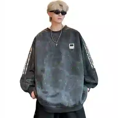 【满天星扎染满印拼接条纹】布客行 早秋开学穿搭可拆卸胸针潮牌复古美式高街国潮港风圆领落肩袖宽松舒适休闲多元素融合卫衣 男女同款