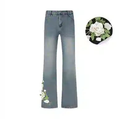 【万针刺绣3D立体浮雕】布客行 显腿长显高显瘦重工美式复古水洗直筒基础款花卉透气高街舒适亲肤休闲百搭微喇纯色长裤牛仔裤 男女同款
