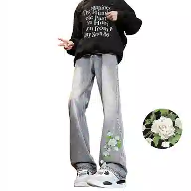 【万针刺绣立体花卉】布客行 重工美式复古水洗直筒基础款高街舒适亲肤透气休闲百搭微喇纯色长裤显高显瘦显腿长弹力牛仔裤 男女同款