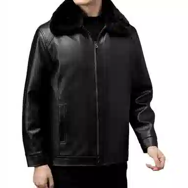 老爷车 冬季男加绒加厚可拆卸毛领中老年爸爸装夹克保暖外套皮衣 男款