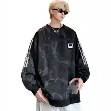 【满天星扎染满印拼接条纹】布客行 早秋开学穿搭可拆卸胸针潮牌复古美式高街国潮港风圆领落肩袖宽松舒适休闲多元素融合卫衣 男女同款