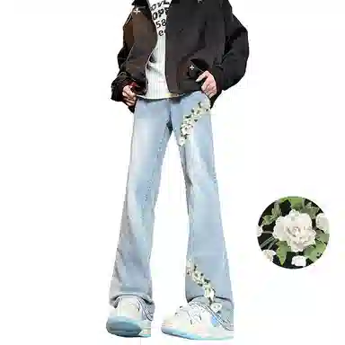 【万针刺绣3D立体花卉】布客行 重工美式复古水洗直筒基础款高街舒适亲肤透气休闲百搭微喇纯色长裤显高显瘦显腿长弹力牛仔裤 男女同款