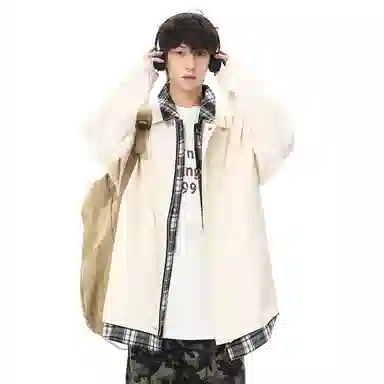 顶峰保罗 美式假两件格纹拼接翻领长袖外套无性别主义休闲复古潮牌宽松大码上衣简约百搭显高显瘦夹克 男女同款