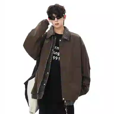 顶峰保罗 美式假两件格纹拼接翻领长袖外套无性别主义休闲复古潮牌宽松大码上衣简约百搭显高显瘦夹克 男女同款