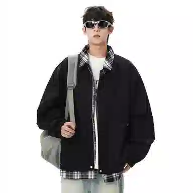 顶峰保罗 美式假两件格纹拼接翻领长袖外套无性别主义休闲复古潮牌宽松大码上衣简约百搭显高显瘦夹克 男女同款