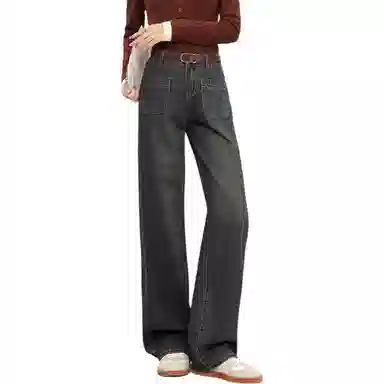 法文箱子 加绒宽松直筒加大高腰牛仔裤 女款