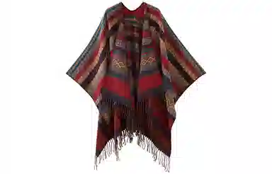 优幽兰 时尚百搭小众波西米亚风红色旅游女外搭复古民族风氛围感撞色西藏云南拍照披风斗篷空调房办公室保暖 披肩 女款