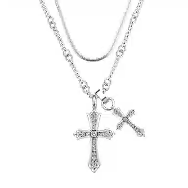 暖瞳 双十字架项链男生潮流嘻哈简约百搭高级感独特设计叠戴毛衣链#好运 钛钢 吊坠 男女同款情侣款