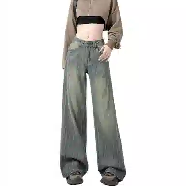 小卷要加油 复古阔腿夏季条纹宽松高腰牛仔裤 女款