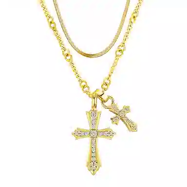 暖瞳 双十字架项链男生潮流嘻哈简约百搭高级感独特设计叠戴毛衣链#好运 钛钢 吊坠 男女同款情侣款