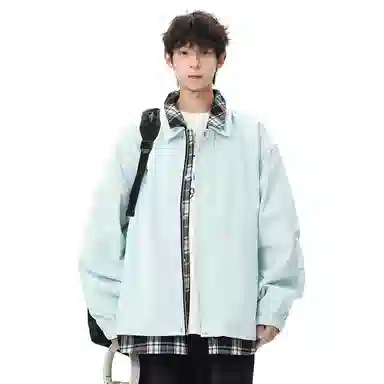 顶峰保罗 美式假两件格纹拼接翻领长袖外套无性别主义休闲复古潮牌宽松大码上衣简约百搭显高显瘦夹克 男女同款