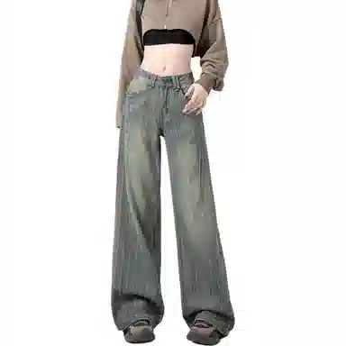 小卷要加油 复古阔腿夏季条纹宽松高腰牛仔裤 女款