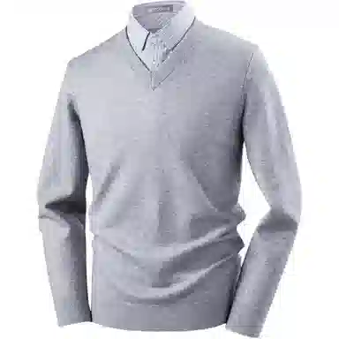 红豆 厚实保暖绵羊毛舒适衬衫领假两件秋冬针织衫内搭打底衫上衣毛衣 男款