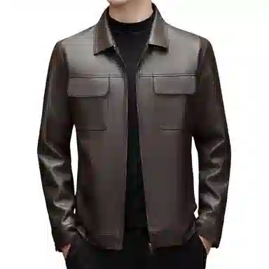 男士春秋休闲工装纯色防风翻领皮夹克外套皮衣 男款